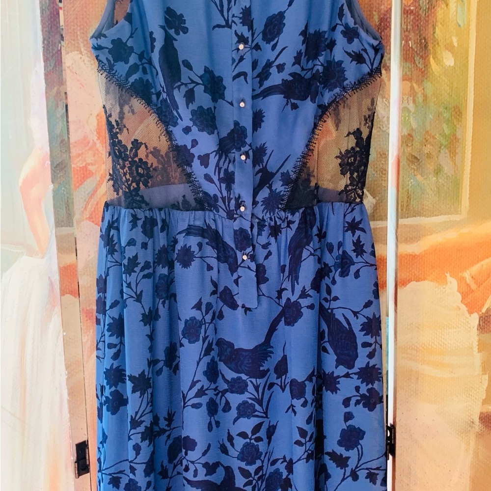 Wes Gordon Blue Floral Silk Dress with Black Lace